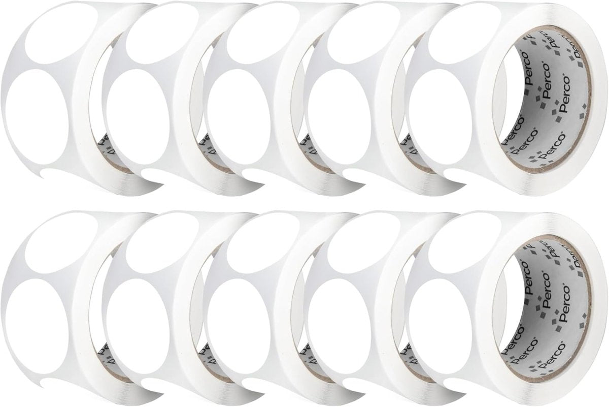 Perco 2 - Inch Round Circle Dot Sticker Labels – Easy Peel Perforation – Made in USA - White 10 Rolls / 500 Labels Each / 5000 Labels Total
