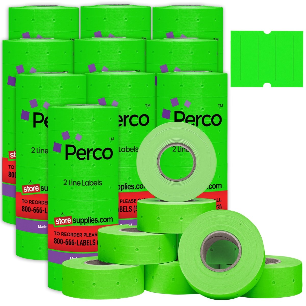 Perco 2 Line Labels - Blank Price and Date Gun Labels for Perco 2 Line Price and Date Guns - Made in USA - Fluorescent Green 10 Sleeves