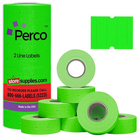 Perco 2 Line Labels - Blank Price and Date Gun Labels for Perco 2 Line Price and Date Guns - Made in USA - Fluorescent Green 1 Sleeve