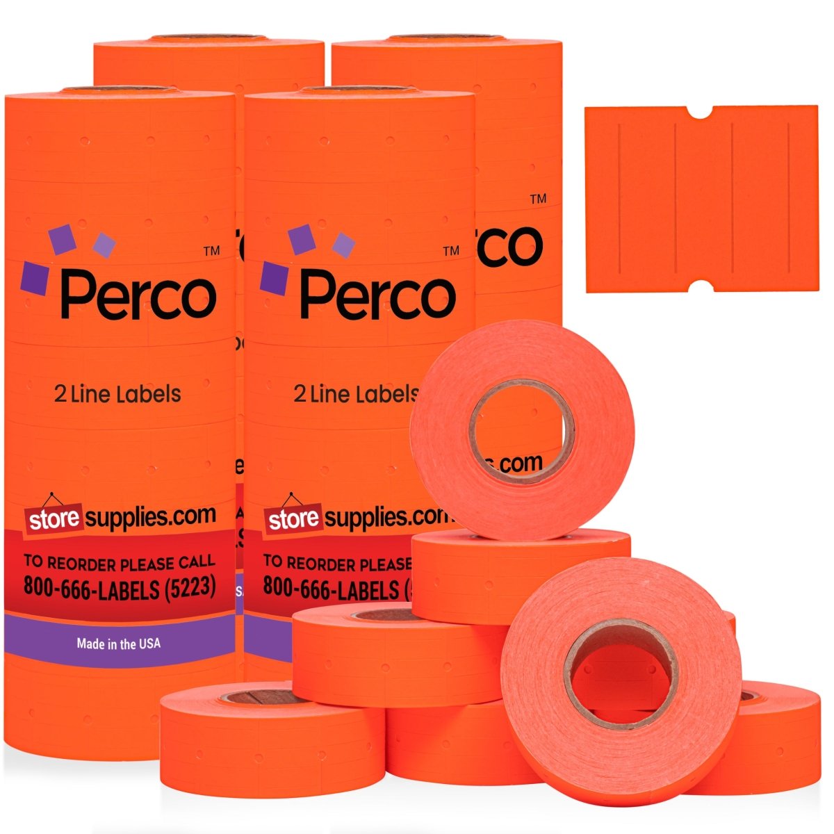 Perco 2 Line Labels - Blank Price and Date Gun Labels for Perco 2 Line Price and Date Guns - Made in USA - Fluorescent Red 4 Sleeves