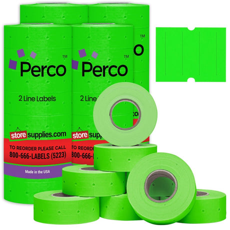 Perco 2 Line Labels - Blank Price and Date Gun Labels for Perco 2 Line Price and Date Guns - Made in USA - Fluorescent Green 4 Sleeves
