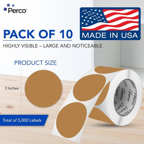 Perco 3 - Inch Round Circle Dot Sticker Labels – Easy Peel Perforation – Made in USA - Kraft Brown 10 Rolls / 500 Labels Each / 5000 Labels Total