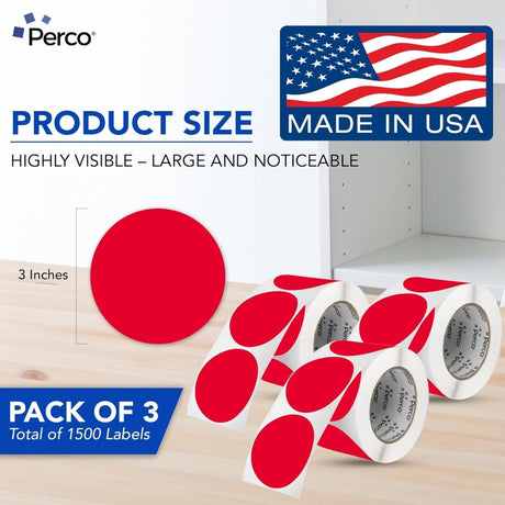 Perco 3 - Inch Round Circle Dot Sticker Labels – Easy Peel Perforation – Made in USA - Red Pack of 3 rolls / 1500 Labels