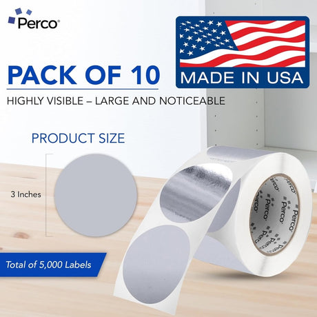 Perco 3 - Inch Round Circle Dot Sticker Labels – Easy Peel Perforation – Made in USA - Silver 10 Rolls / 500 Labels Each / 5000 Labels Total