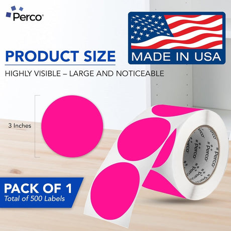 Perco 3 - Inch Round Circle Dot Sticker Labels – Easy Peel Perforation – Made in USA - Fluorescent Pink 1 roll / 500 Labels