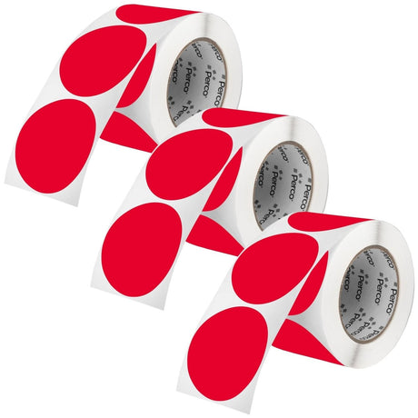 Perco 3 - Inch Round Circle Dot Sticker Labels – Easy Peel Perforation – Made in USA - Red Pack of 3 rolls / 1500 Labels