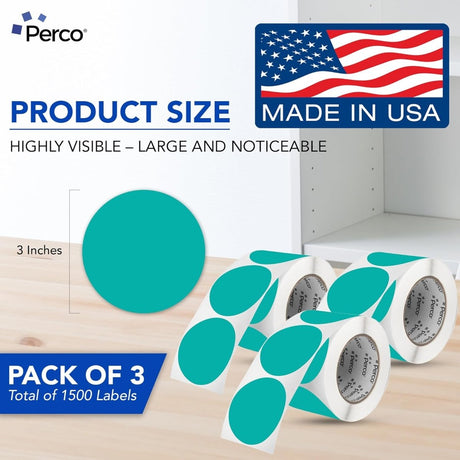Perco 3 - Inch Round Circle Dot Sticker Labels – Easy Peel Perforation – Made in USA - Teal Pack of 3 rolls / 1500 Labels