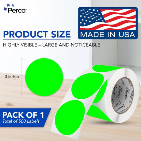 Perco 3 - Inch Round Circle Dot Sticker Labels – Easy Peel Perforation – Made in USA - Fluorescent Green 1 roll / 500 Labels