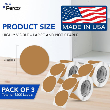 Perco 3 - Inch Round Circle Dot Sticker Labels – Easy Peel Perforation – Made in USA - Kraft Brown Pack of 3 rolls / 1500 Labels
