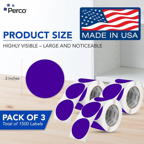 Perco 3 - Inch Round Circle Dot Sticker Labels – Easy Peel Perforation – Made in USA - Purple Pack of 3 rolls / 1500 Labels