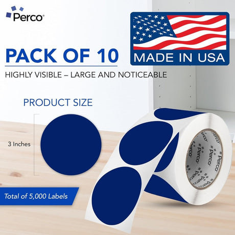 Perco 3 - Inch Round Circle Dot Sticker Labels – Easy Peel Perforation – Made in USA - Dark Blue 10 Rolls / 500 Labels Each / 5000 Labels Total