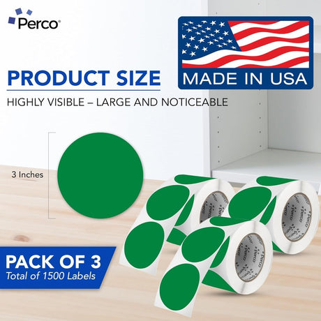 Perco 3 - Inch Round Circle Dot Sticker Labels – Easy Peel Perforation – Made in USA - Pack of 3 rolls / 1500 Labels 3