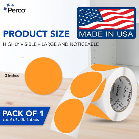 Perco 3 - Inch Round Circle Dot Sticker Labels – Easy Peel Perforation – Made in USA - Fluorescent Orange 1 roll / 500 Labels