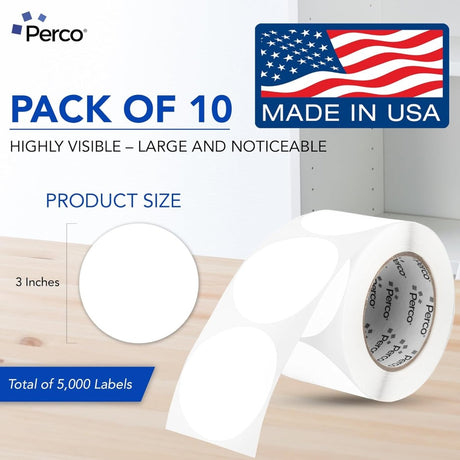 Perco 3 - Inch Round Circle Dot Sticker Labels – Easy Peel Perforation – Made in USA - White 10 Rolls / 500 Labels Each / 5000 Labels Total