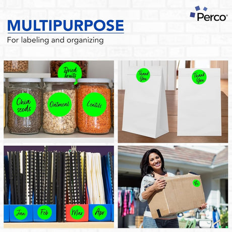 Perco 3 - Inch Round Circle Dot Sticker Labels – Easy Peel Perforation – Made in USA - Fluorescent Green Pack of 3 rolls / 1500 Labels