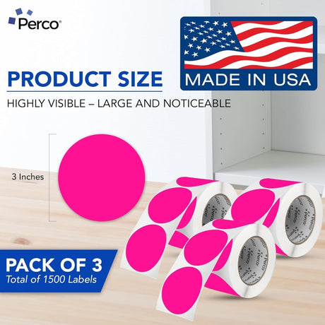 Perco 3 - Inch Round Circle Dot Sticker Labels – Easy Peel Perforation – Made in USA - Fluorescent Pink Pack of 3 rolls / 1500 Labels