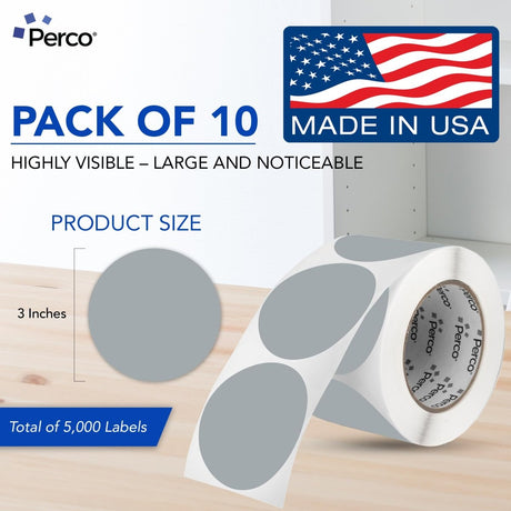 Perco 3 - Inch Round Circle Dot Sticker Labels – Easy Peel Perforation – Made in USA - Grey 10 Rolls / 500 Labels Each / 5000 Labels Total