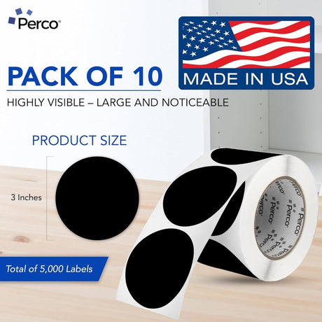 Perco 3 - Inch Round Circle Dot Sticker Labels – Easy Peel Perforation – Made in USA - Black 10 Rolls / 500 Labels Each / 5000 Labels Total