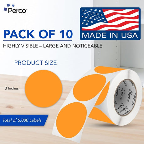 Perco 3 - Inch Round Circle Dot Sticker Labels – Easy Peel Perforation – Made in USA - Fluorescent Orange 10 Rolls / 500 Labels Each / 5000 Labels Total