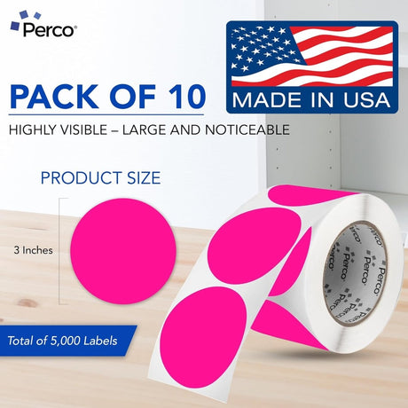 Perco 3 - Inch Round Circle Dot Sticker Labels – Easy Peel Perforation – Made in USA - Fluorescent Pink 10 Rolls / 500 Labels Each / 5000 Labels Total