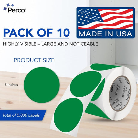 Perco 3 - Inch Round Circle Dot Sticker Labels – Easy Peel Perforation – Made in USA - Green 10 Rolls / 500 Labels Each / 5000 Labels Total