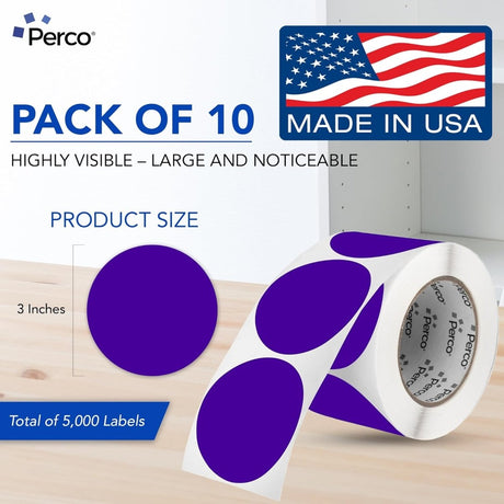 Perco 3 - Inch Round Circle Dot Sticker Labels – Easy Peel Perforation – Made in USA - Purple 10 Rolls / 500 Labels Each / 5000 Labels Total