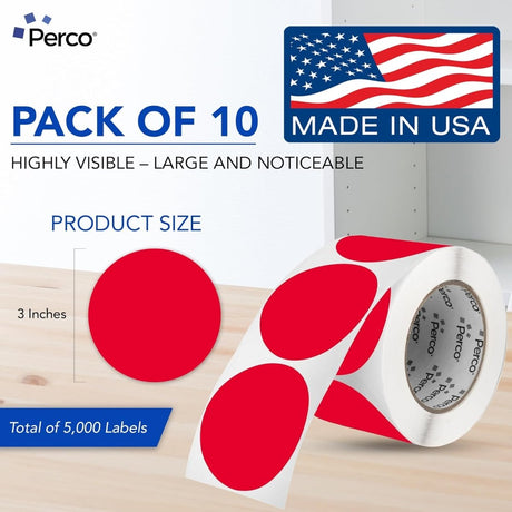 Perco 3 - Inch Round Circle Dot Sticker Labels – Easy Peel Perforation – Made in USA - Red 10 Rolls / 500 Labels Each / 5000 Labels Total