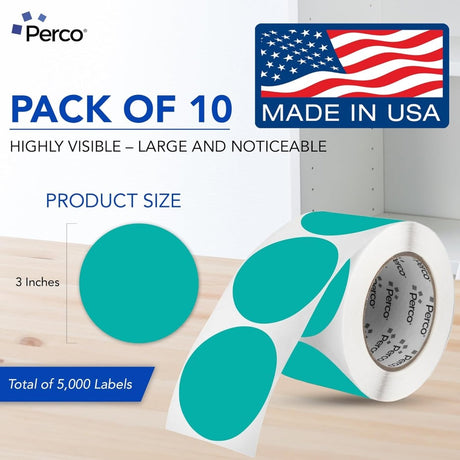 Perco 3 - Inch Round Circle Dot Sticker Labels – Easy Peel Perforation – Made in USA - Teal 10 Rolls / 500 Labels Each / 5000 Labels Total