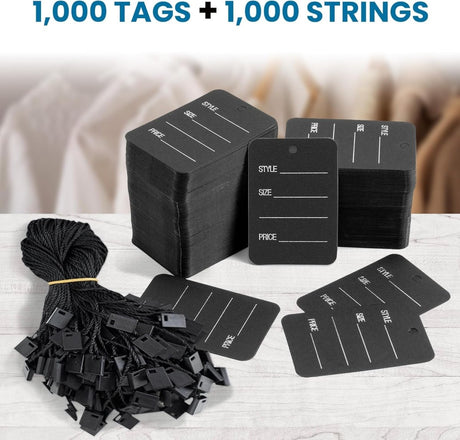 Perco 32x48mm Unstrung Black Paper Tags with Black Nylon Strings for Classy Customization and Durability - Kit of 1,000 Tags and Strings - 