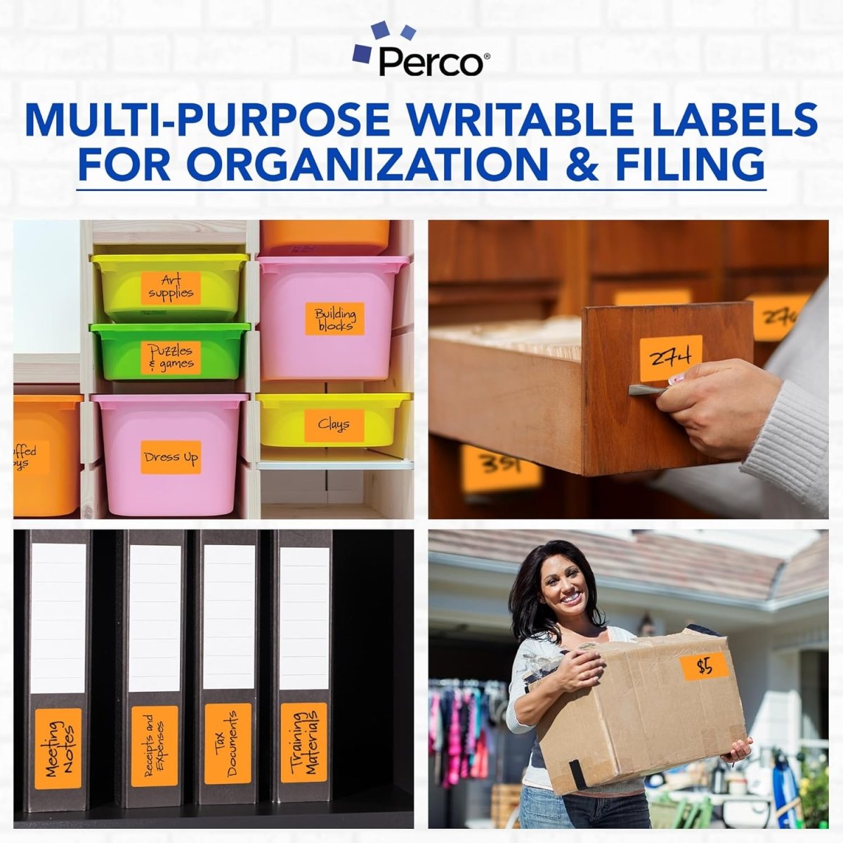 Perco 3x5 Inch - Rectangle Sticker Labels - Fluorescent Orange
