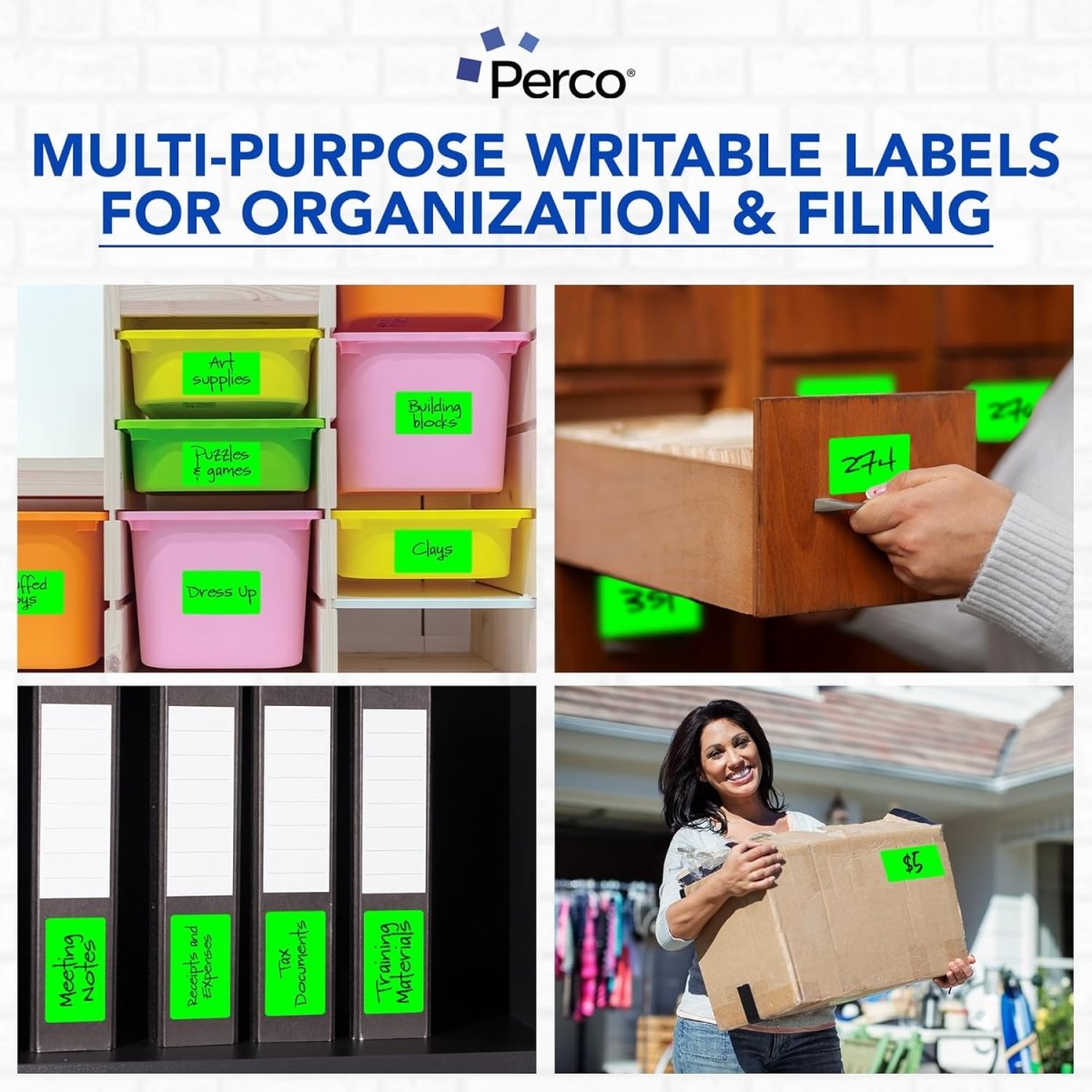 Perco 3x5 Inch - Rectangle Sticker Labels - Fluorescent Green