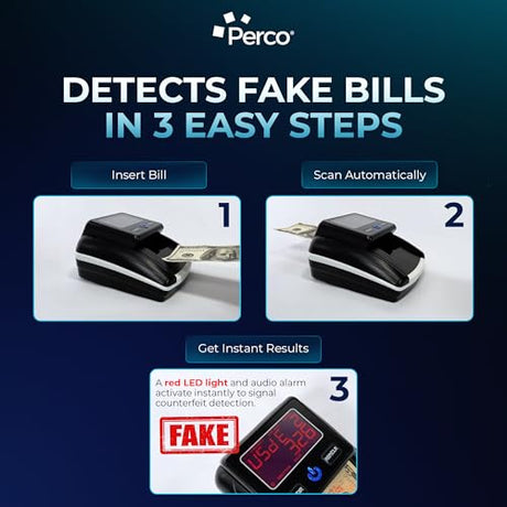 Perco Bill Counter & Counterfeit Detector Machine for Small Business with UV, MG1, MG2 & IR Detection - Counterfeit Detector