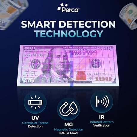 Perco Bill Counter & Counterfeit Detector Machine for Small Business with UV, MG1, MG2 & IR Detection - Counterfeit Detector
