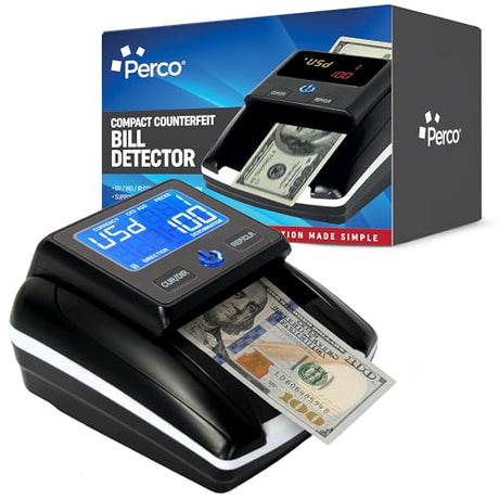 Perco Bill Counter & Counterfeit Detector Machine for Small Business with UV, MG1, MG2 & IR Detection - Counterfeit Detector