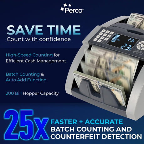Perco Bill Counter & Counterfeit Detector Machine for Small Business with UV, MG1, MG2 & IR Detection - Bill Counter