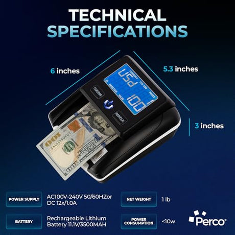 Perco Bill Counter & Counterfeit Detector Machine for Small Business with UV, MG1, MG2 & IR Detection - Counterfeit Detector