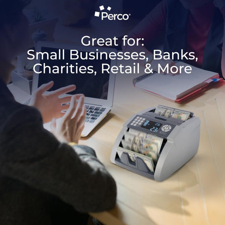 Perco Bill Counter & Counterfeit Detector Machine for Small Business with UV, MG1, MG2 & IR Detection - Bill Counter