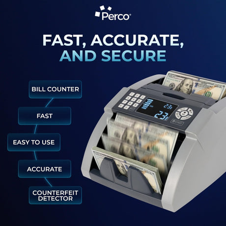 Perco Bill Counter & Counterfeit Detector Machine for Small Business with UV, MG1, MG2 & IR Detection - Bill Counter