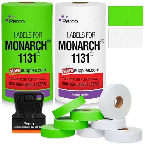 Perco - Color Code 2 Sleeves Price Label Packs for Monarch 1131 - White and Fluorescent Green / 2 Sleeves / 16 rolls / 40000 Pricing Labels
