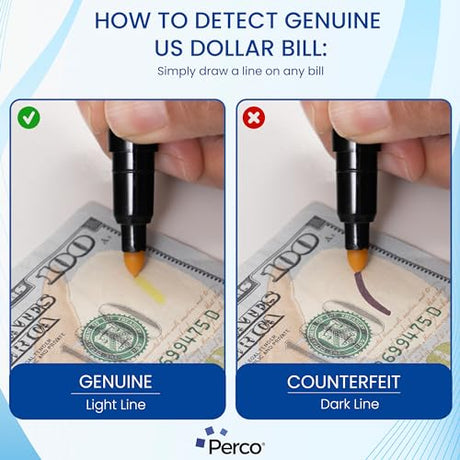 Perco Counterfeit Money Detector Pen - Easy to Use and Reliable Universal Currency Fake Bill Checker for Personal & Commercial Use - Store Supplies