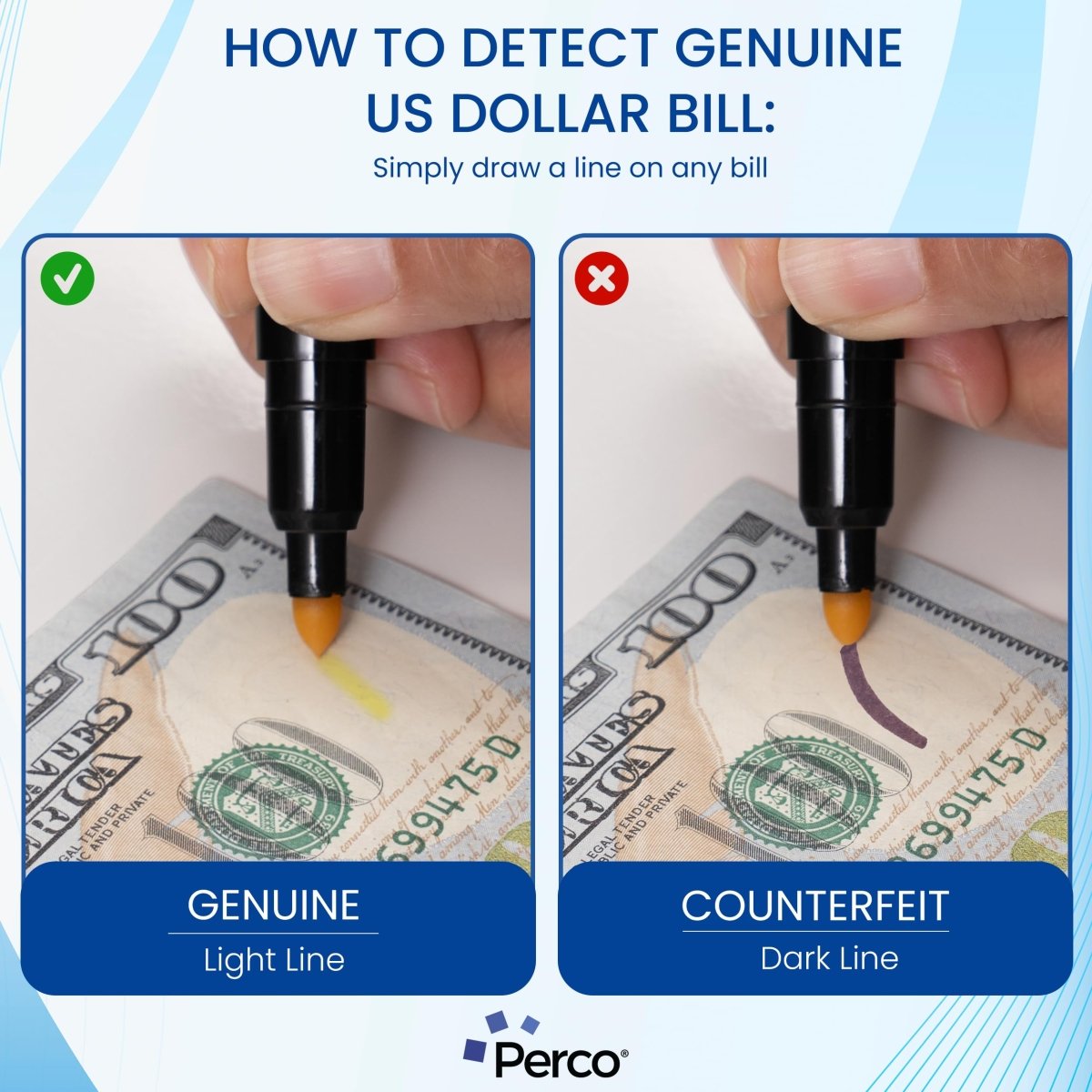 Perco Counterfeit Money Detector Pen - Easy to Use and Reliable Universal Currency Fake Bill Checker for Personal & Commercial Use - Store Supplies