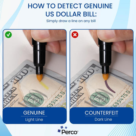 Perco Counterfeit Money Detector Pen - Easy to Use and Reliable Universal Currency Fake Bill Checker for Personal & Commercial Use - Store Supplies