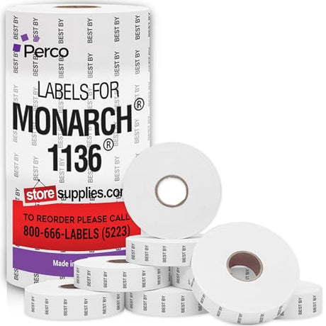 Perco Date Price Labels for Monarch 1136 - BEST BY 1 Sleeve / 8 Rolls / 14000 Blank Pricing Labels With Bonus Ink Roll Incuded