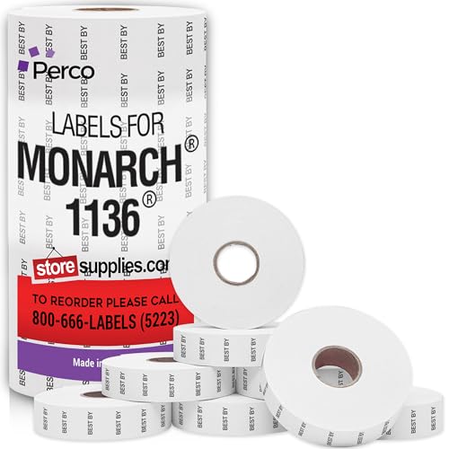 Perco Date Price Labels for Monarch 1136 - BEST BY 1 Sleeve / 8 Rolls / 14000 Blank Pricing Labels With Bonus Ink Roll Incuded