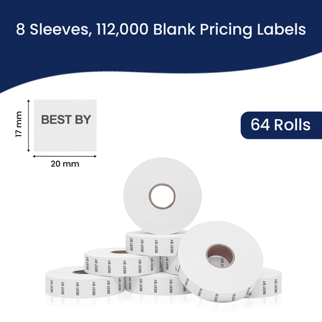 Perco Date Price Labels for Monarch 1136 - BEST BY Case of 8 Sleeves / 64 Rolls / 42000 Blank Pricing Labels With Bonus Ink Rolls Incuded