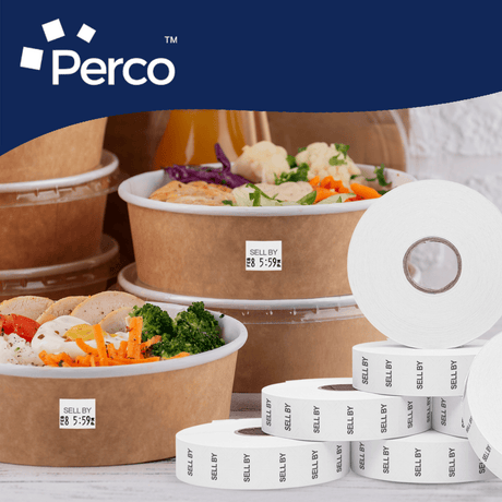Perco Date Price Labels for Monarch 1136 - SELL BY Case of 8 Sleeves / 64 Rolls / 42000 Blank Pricing Labels With Bonus Ink Rolls Incuded