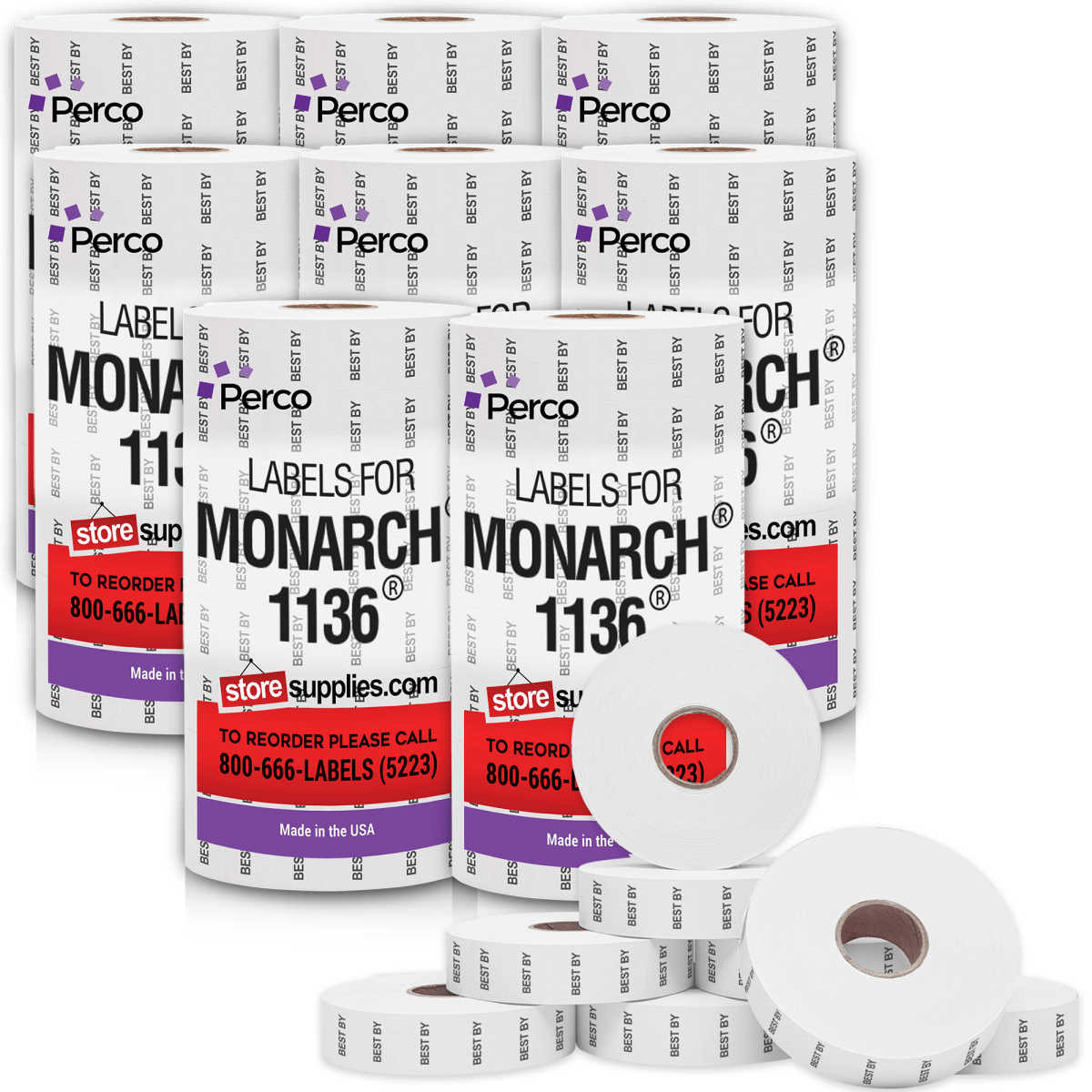 Perco Date Price Labels for Monarch 1136 - BEST BY Case of 8 Sleeves / 64 Rolls / 42000 Blank Pricing Labels With Bonus Ink Rolls Incuded