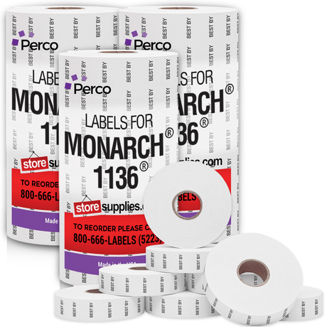 Perco Date Price Labels for Monarch 1136 - BEST BY 3 Sleeves / 24 Rolls / 42000 Blank Pricing Labels With Bonus Ink Rolls Incuded