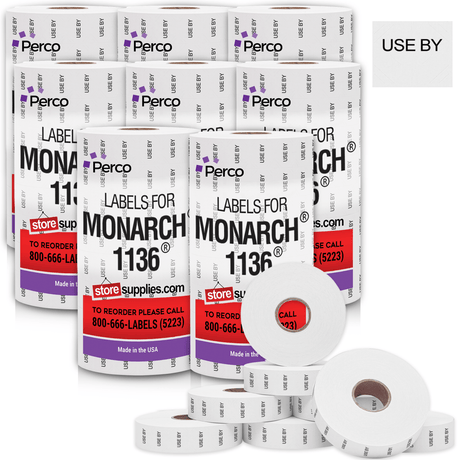 Perco Date Price Labels for Monarch 1136 - USE BY Case of 8 Sleeves / 64 Rolls / 42000 Blank Pricing Labels With Bonus Ink Rolls Incuded