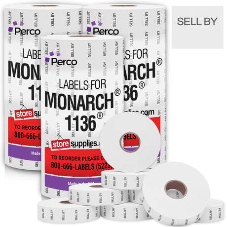 Perco Date Price Labels for Monarch 1136 - SELL BY Case of 8 Sleeves / 64 Rolls / 42000 Blank Pricing Labels With Bonus Ink Rolls Incuded